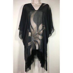 Cruise Club Swim Cover Sheer Poncho Black Tan Floral Fringe Boho One Size Bust65